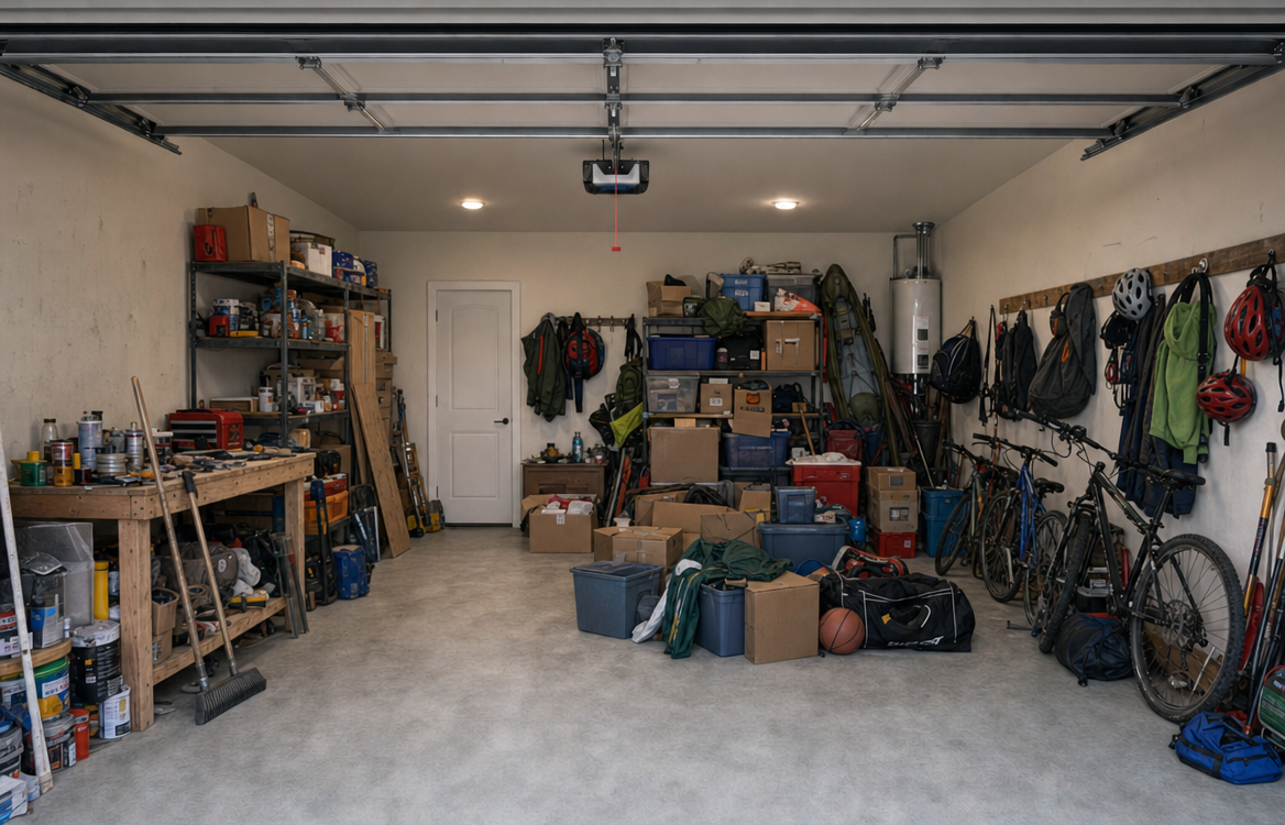 Cluttered garage before organizing