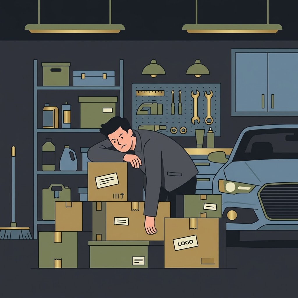 Frustrated person searching boxes