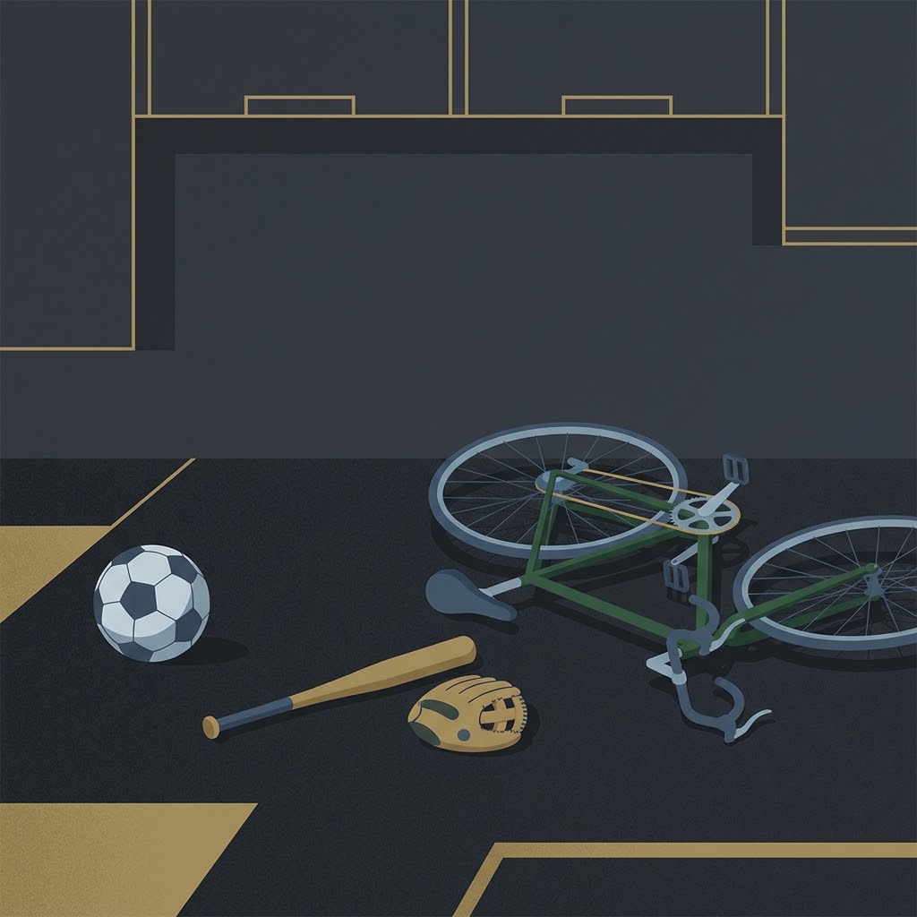 Scattered sports equipment